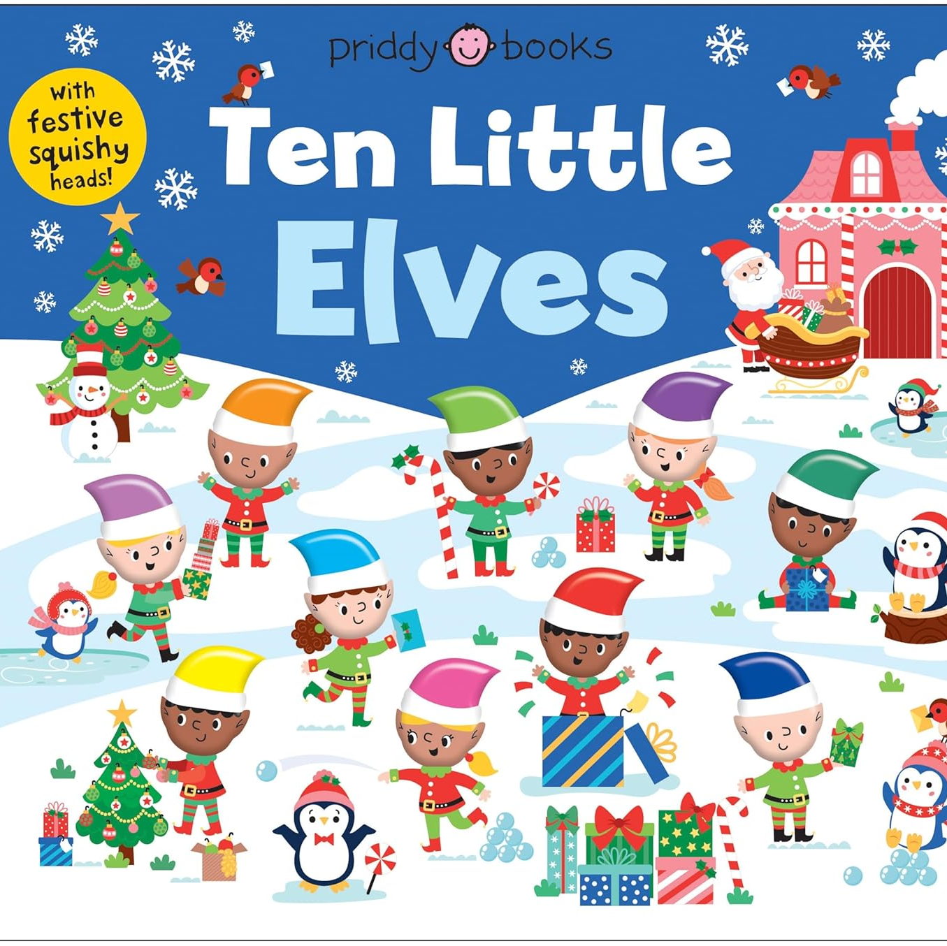 Book cover of 'Ten Little Elves' with Christmas-themed illustrations and characters.