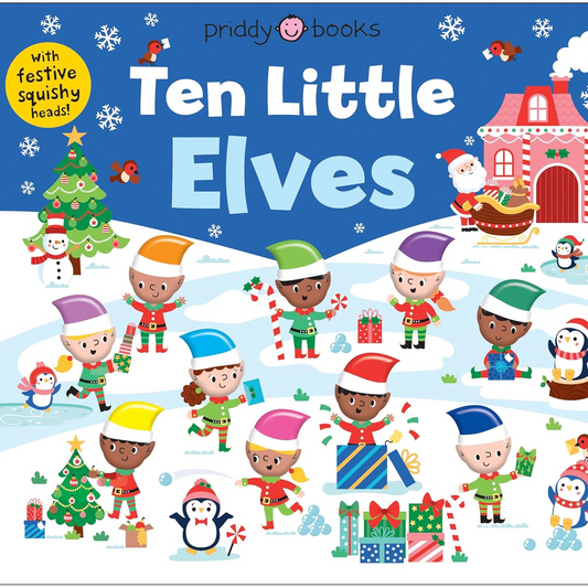 Book cover of 'Ten Little Elves' with Christmas-themed illustrations and characters.