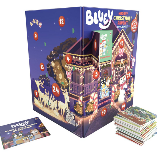 Bluey 'Holly Christmas! Advent Book Bundle' product box shown on a white background, with a small booklet in front and a stack of books to the right. The box features a festive illustrated house with numbered doors and holiday characters.