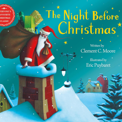 Book cover of 'The Night Before Christmas' with Santa Claus on a roof.