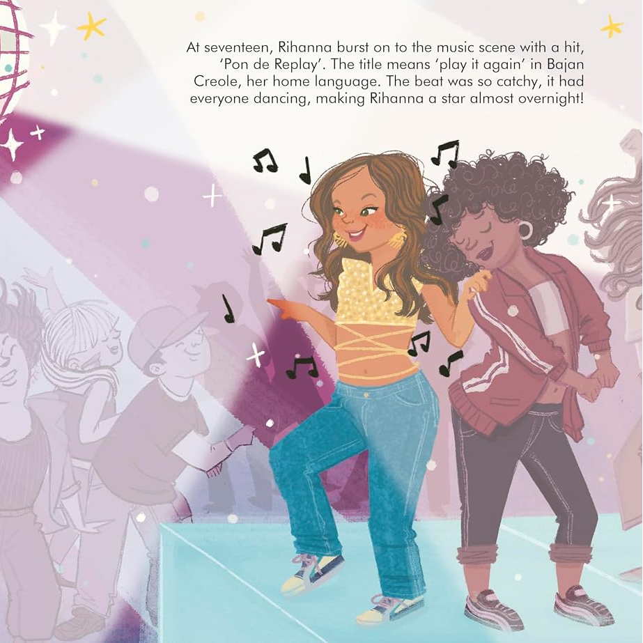 Illustrated children's book page showing a disco scene with two girls dancing under a disco ball, a film camera on a tripod, and text describing a music moment. The artwork uses pink, purple, and white tones with black outlines.
