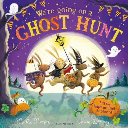 Book cover of 'We're going on a Ghost Hunt' with rabbits in costumes and pumpkins.