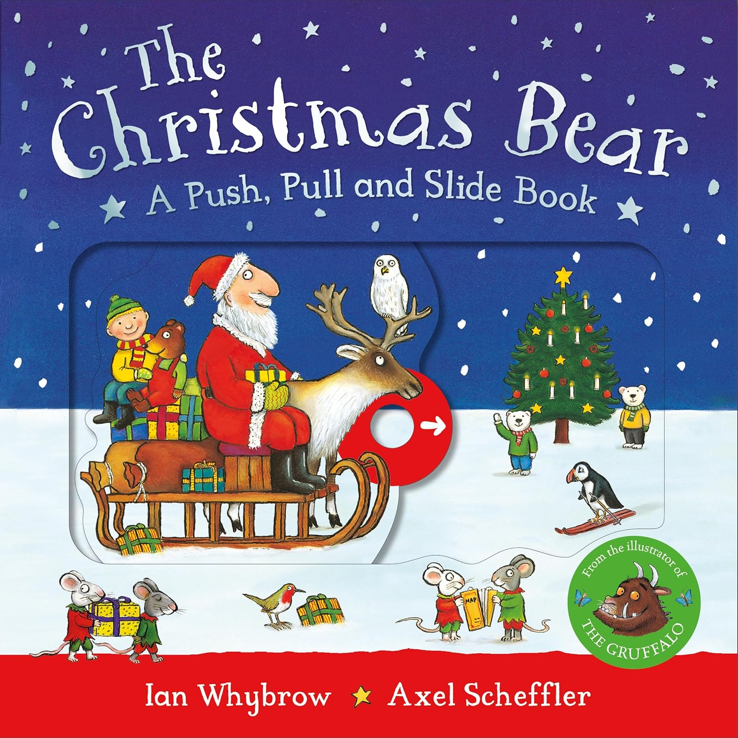 Cover of 'The Christmas Bear' book with Santa Claus, reindeer, and Christmas elements on a blue and red background.