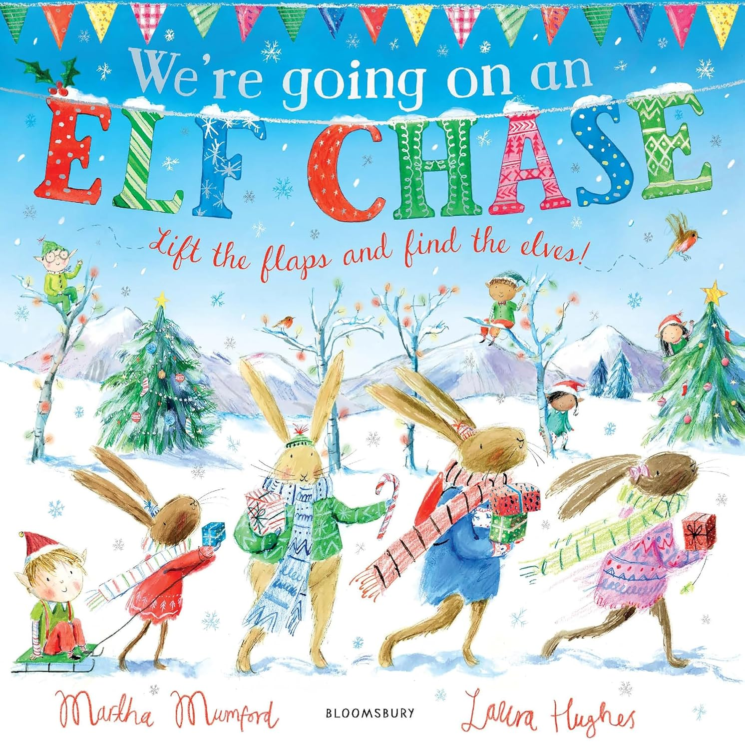 Children's book cover with rabbits dressed as elves in a snowy landscape, featuring colorful text and festive elements.