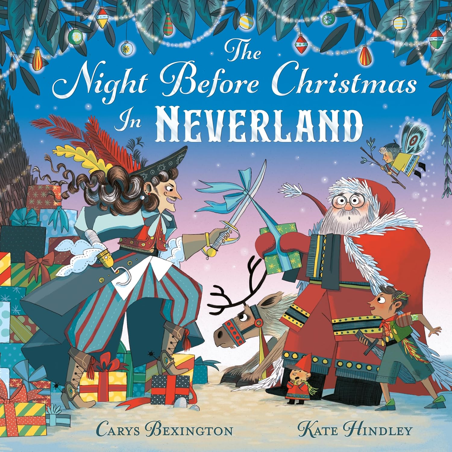 Book cover of 'The Night Before Christmas in Neverland' with characters and festive elements.
