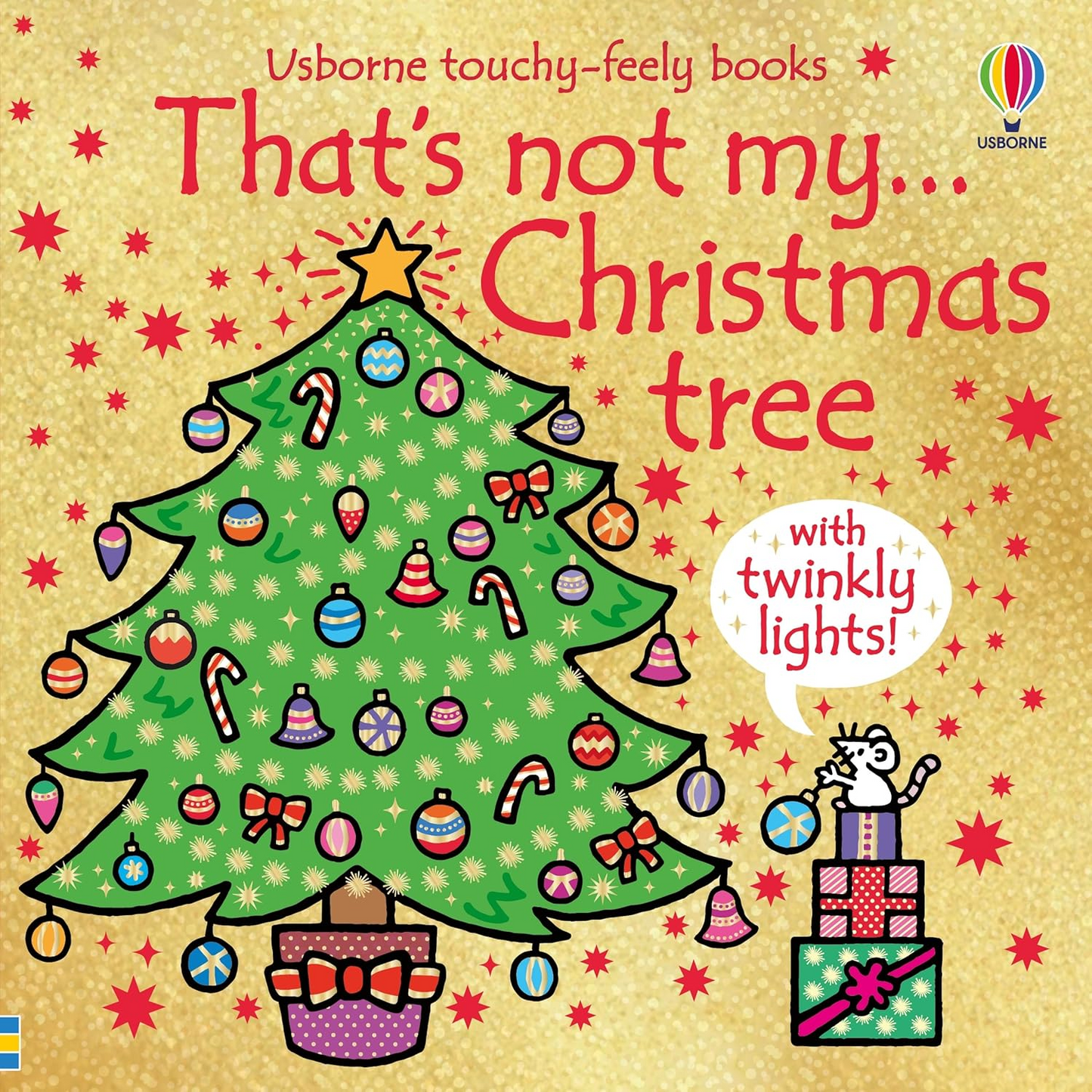 Book cover of 'That's not my Christmas tree' with a decorated Christmas tree and cat on a gold background.