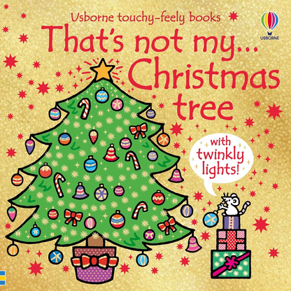 Book cover of 'That's not my Christmas tree' with a decorated Christmas tree and cat on a gold background.