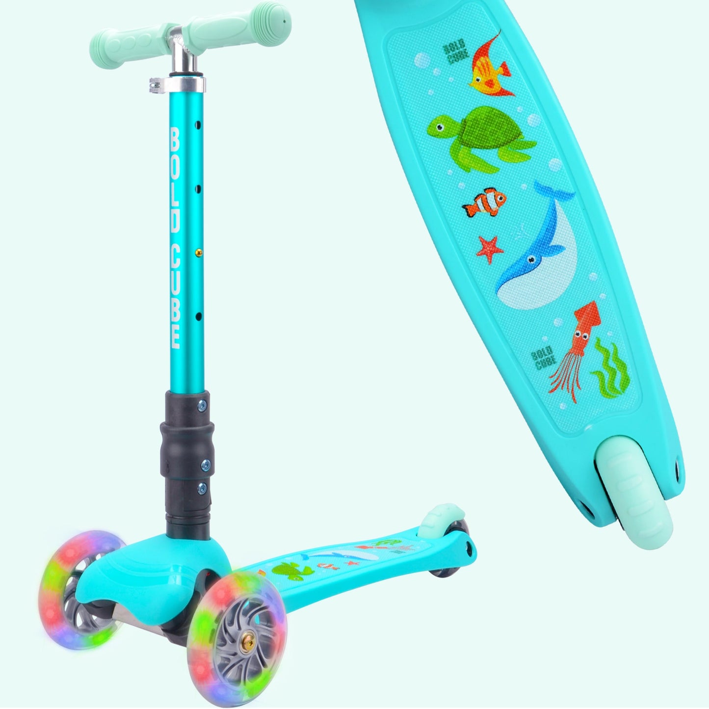 Children's scooter with colorful wheels and underwater-themed design on a white background