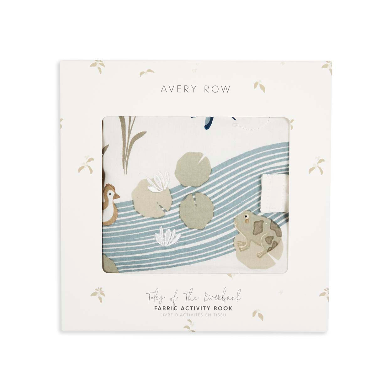 Fabric activity book packaging with 'Avery Row' branding on a white background