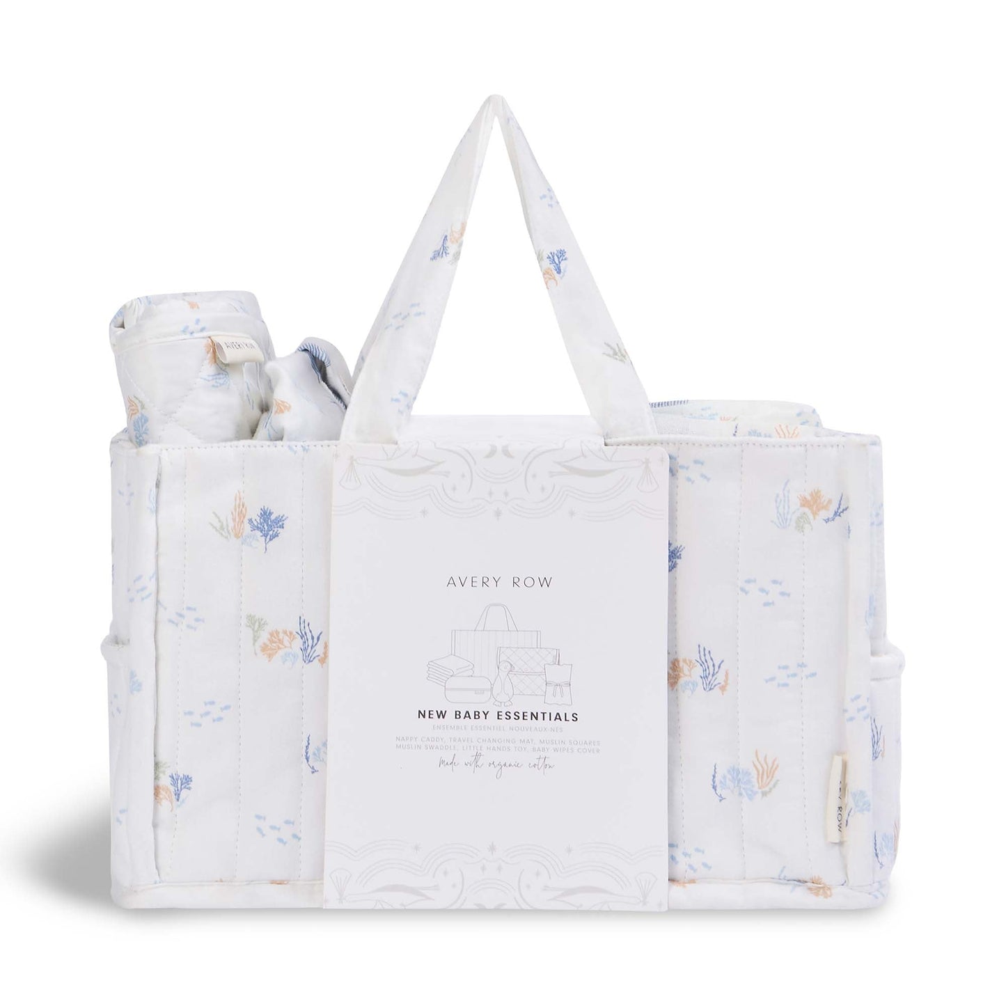 Baby gift set with a tote bag and wrapped items on a white background