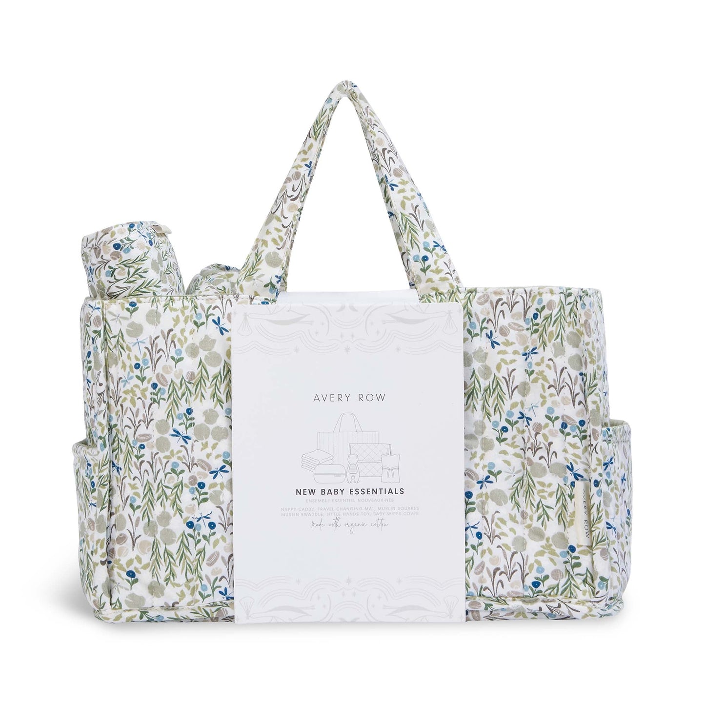 Floral-patterned baby bag with Avery Row branding on a white background