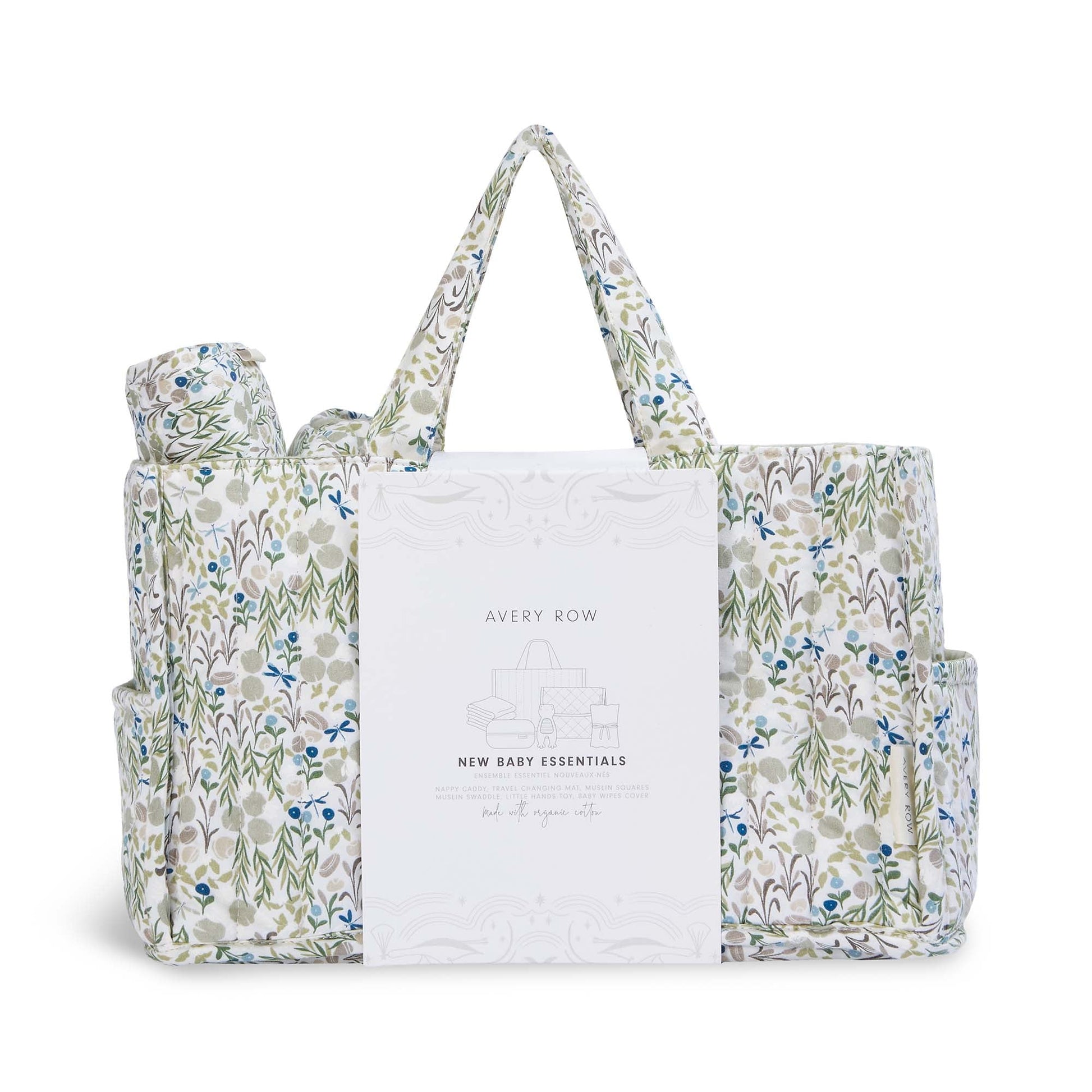 Floral-patterned baby bag with Avery Row branding on a white background