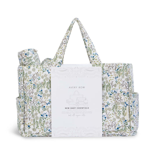 Floral-patterned baby bag with Avery Row branding on a white background