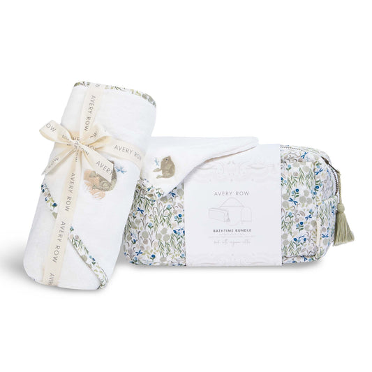 Baby bath time bundle with floral design on a white background