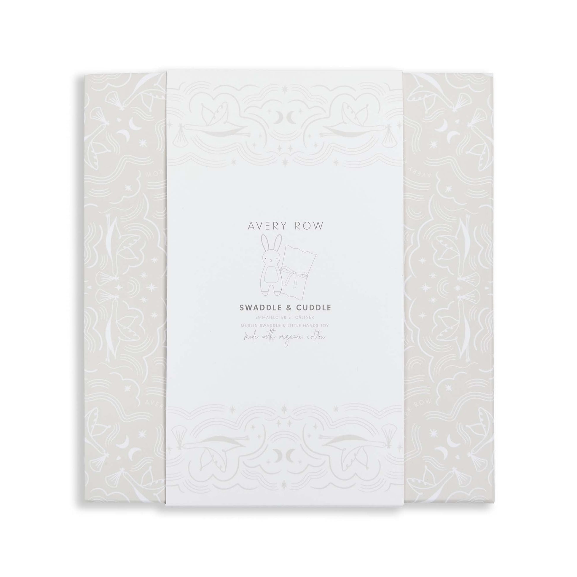 White baby blanket with subtle pattern and 'Avery Row' branding on a white background