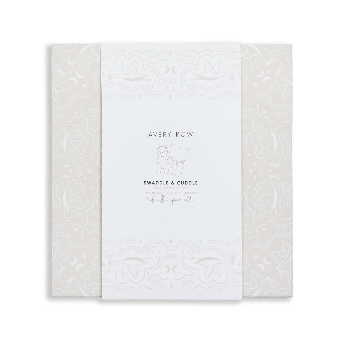 White baby blanket with subtle pattern and 'Avery Row' branding on a white background