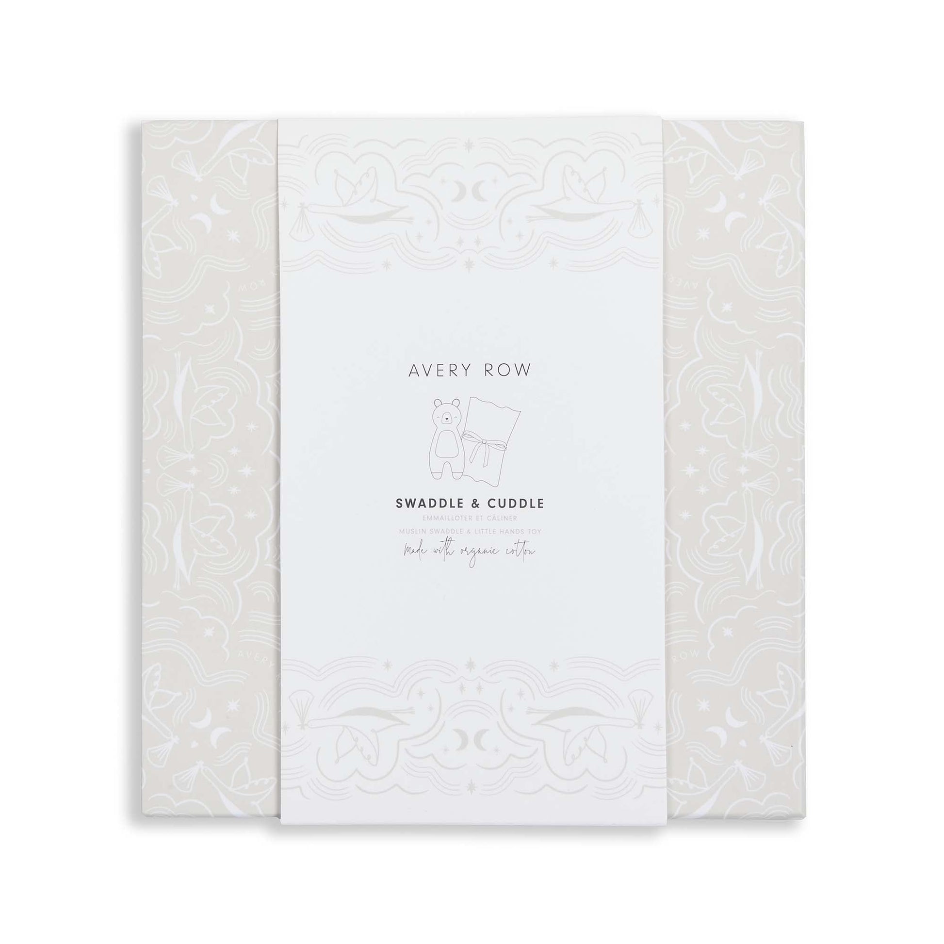 White baby blanket with subtle pattern and 'Avery Row' branding on a white background