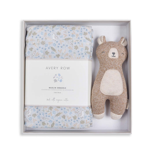 Baby gift set with llama rattle and swaddle blanket in a box, featuring 'Avery Row' branding.