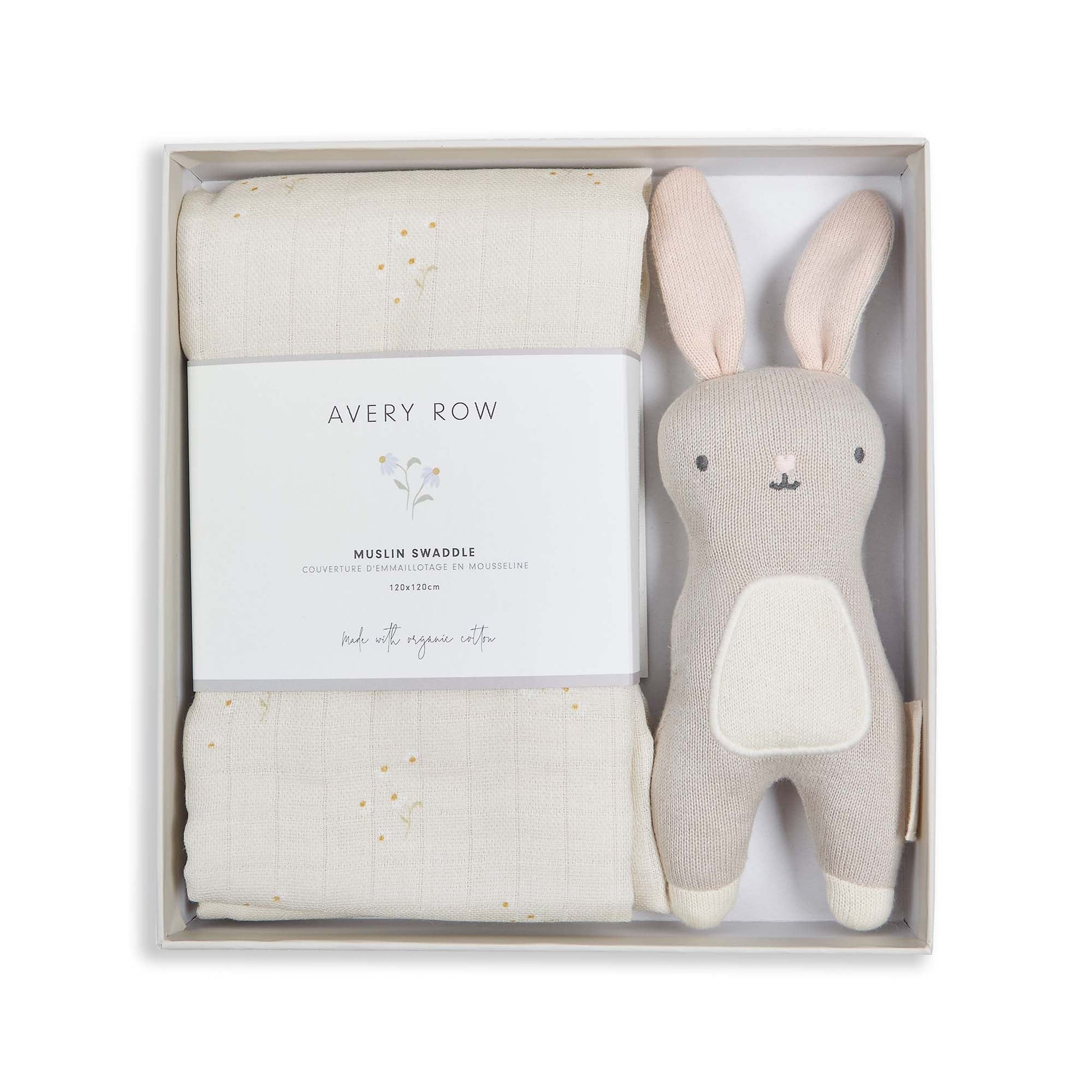 Baby gift set with bunny toy and swaddle blanket in a box, featuring 'Avery Row' branding.