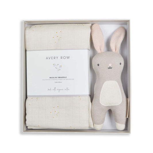 Baby gift set with bunny toy and swaddle blanket in a box, featuring 'Avery Row' branding.