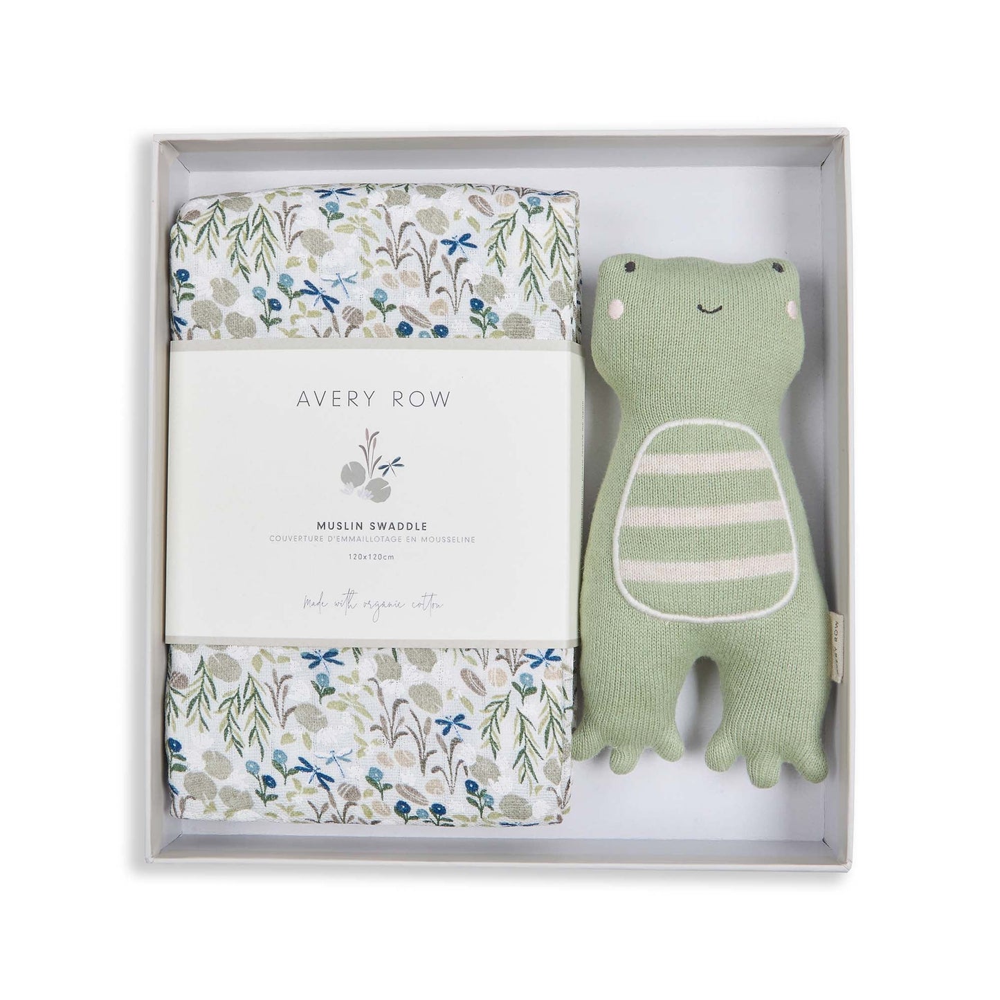 Baby gift set with swaddle, blanket, and green plush toy in a box, featuring 'Avery Row' branding.