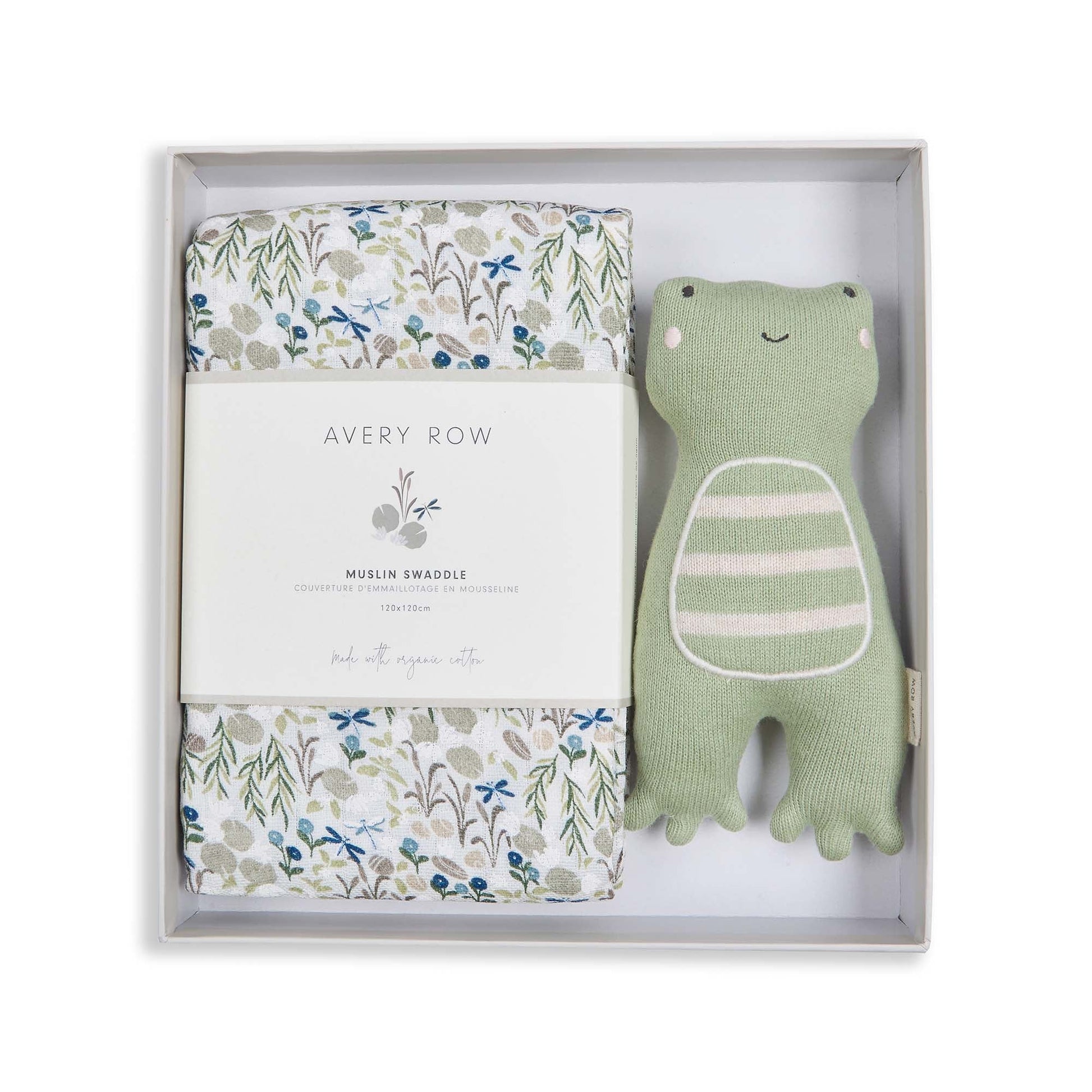 Baby gift set with swaddle, blanket, and green plush toy in a box, featuring 'Avery Row' branding.