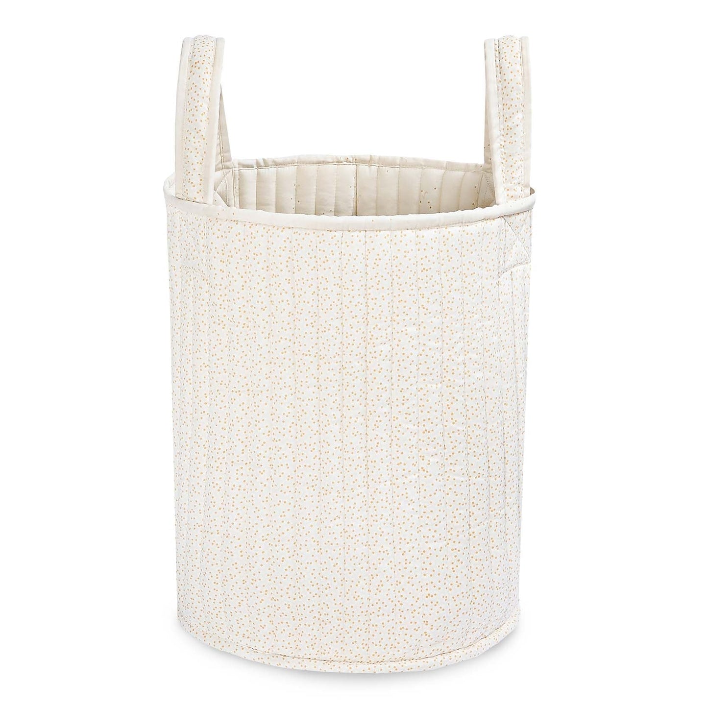 White woven basket with handles on a white background