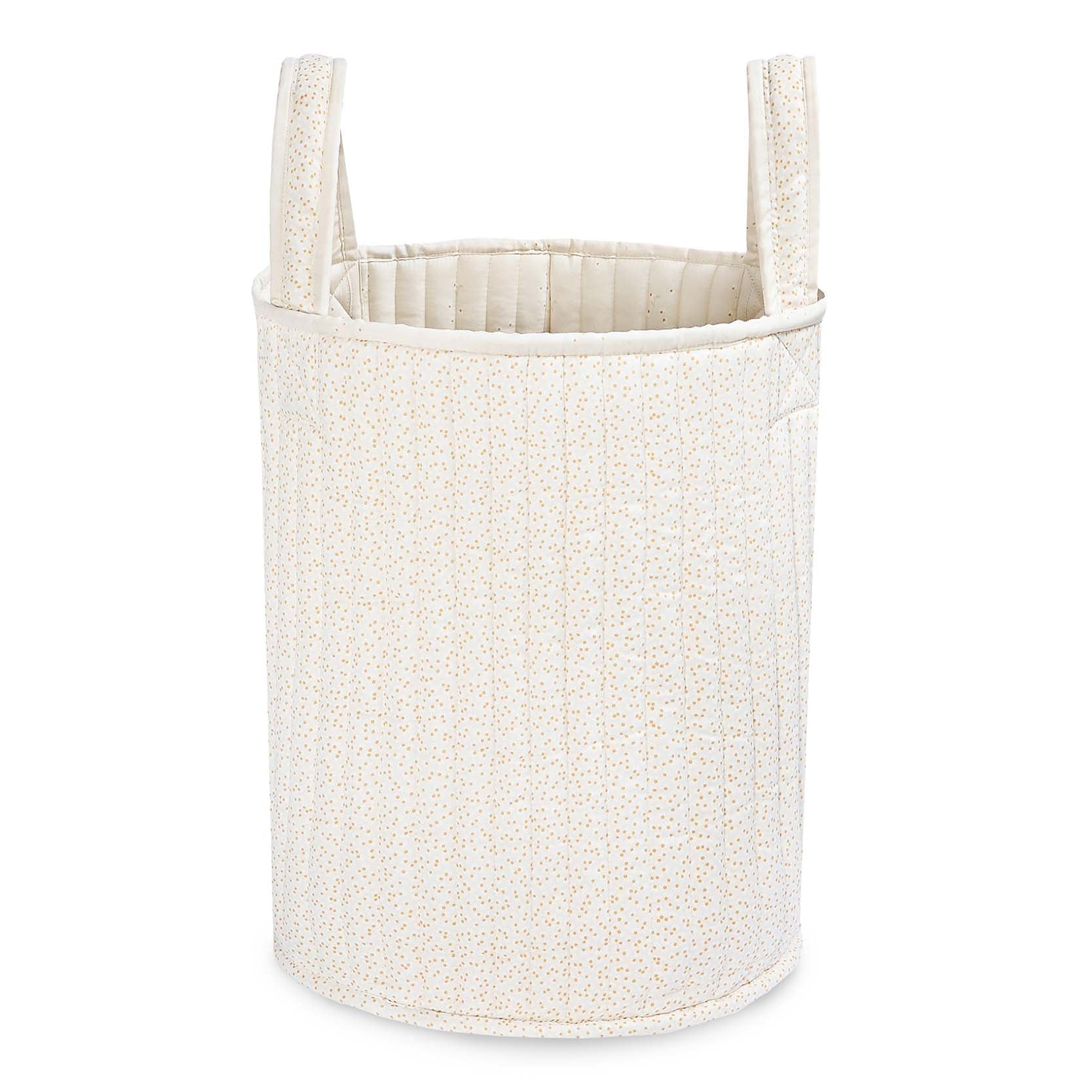 White woven basket with handles on a white background