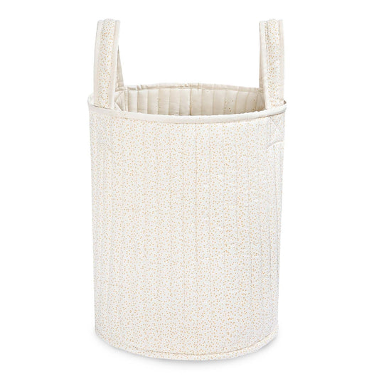 White woven basket with handles on a white background