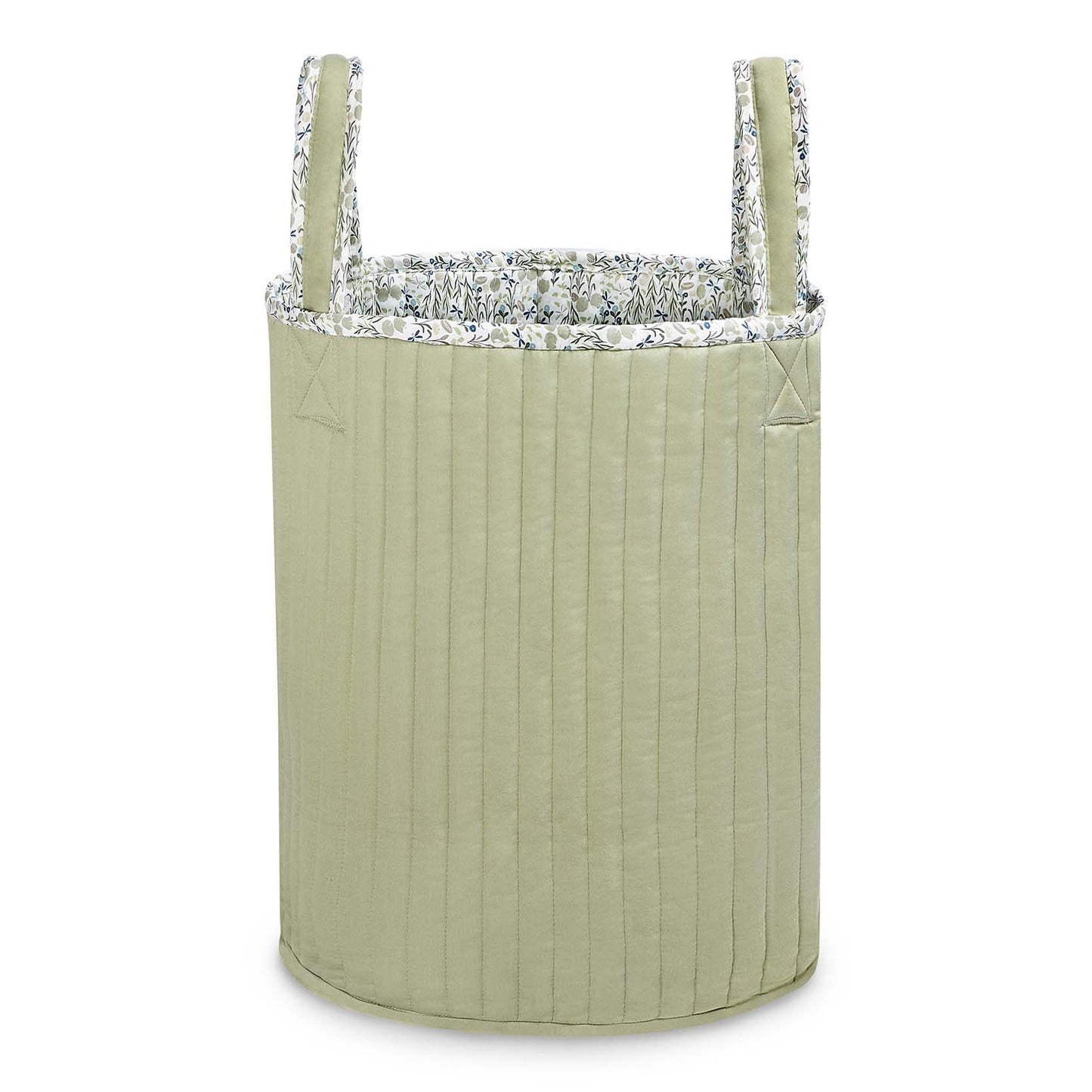 Green quilted storage bag with silver lining on a white background