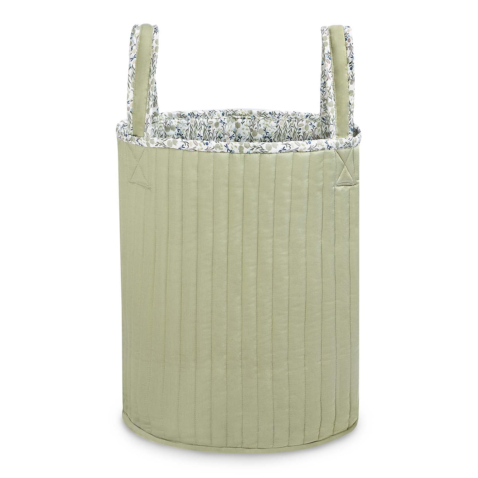 Green quilted storage bag with silver lining on a white background