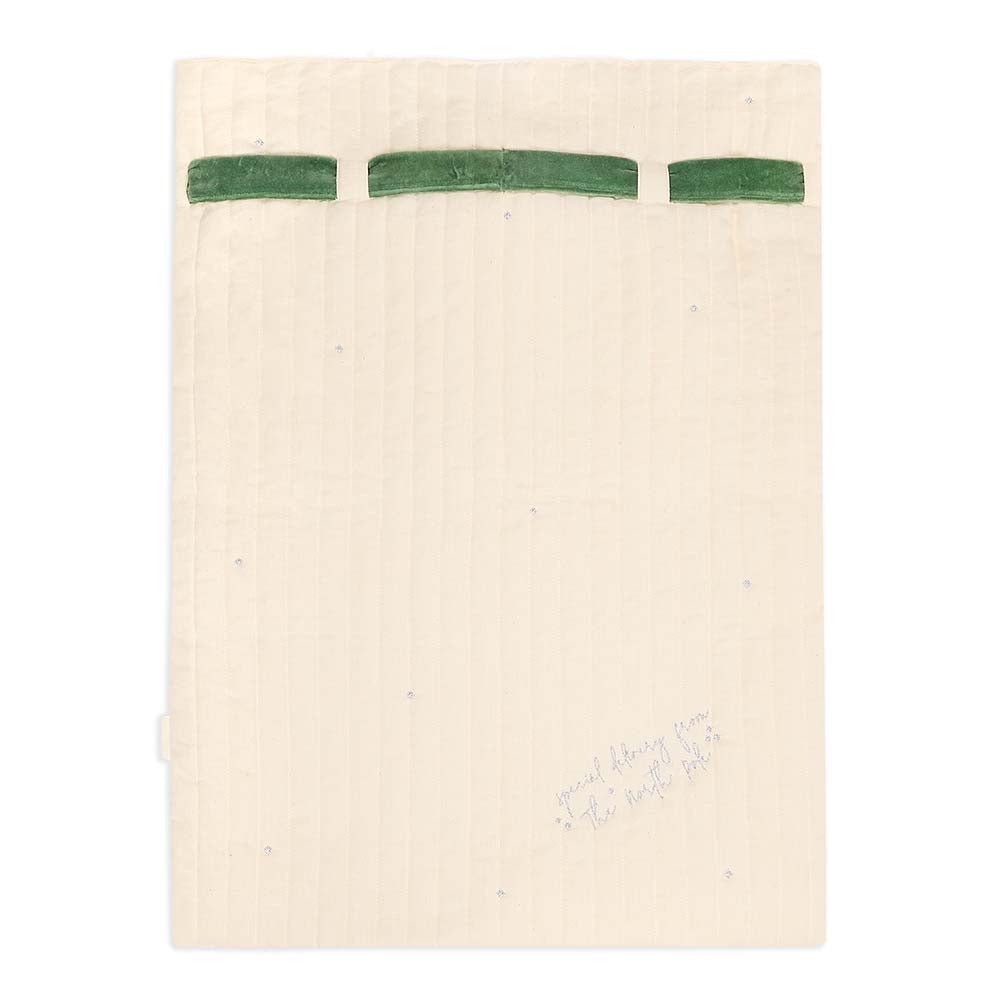 Beige towel with green stripes on a white background