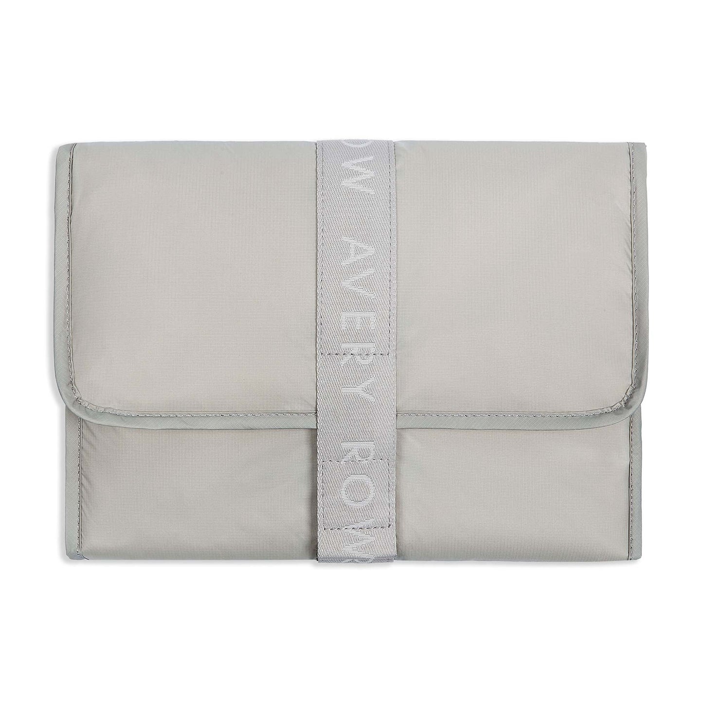 Gray pouch with a strap displaying 'Row Avey Row' on a white background