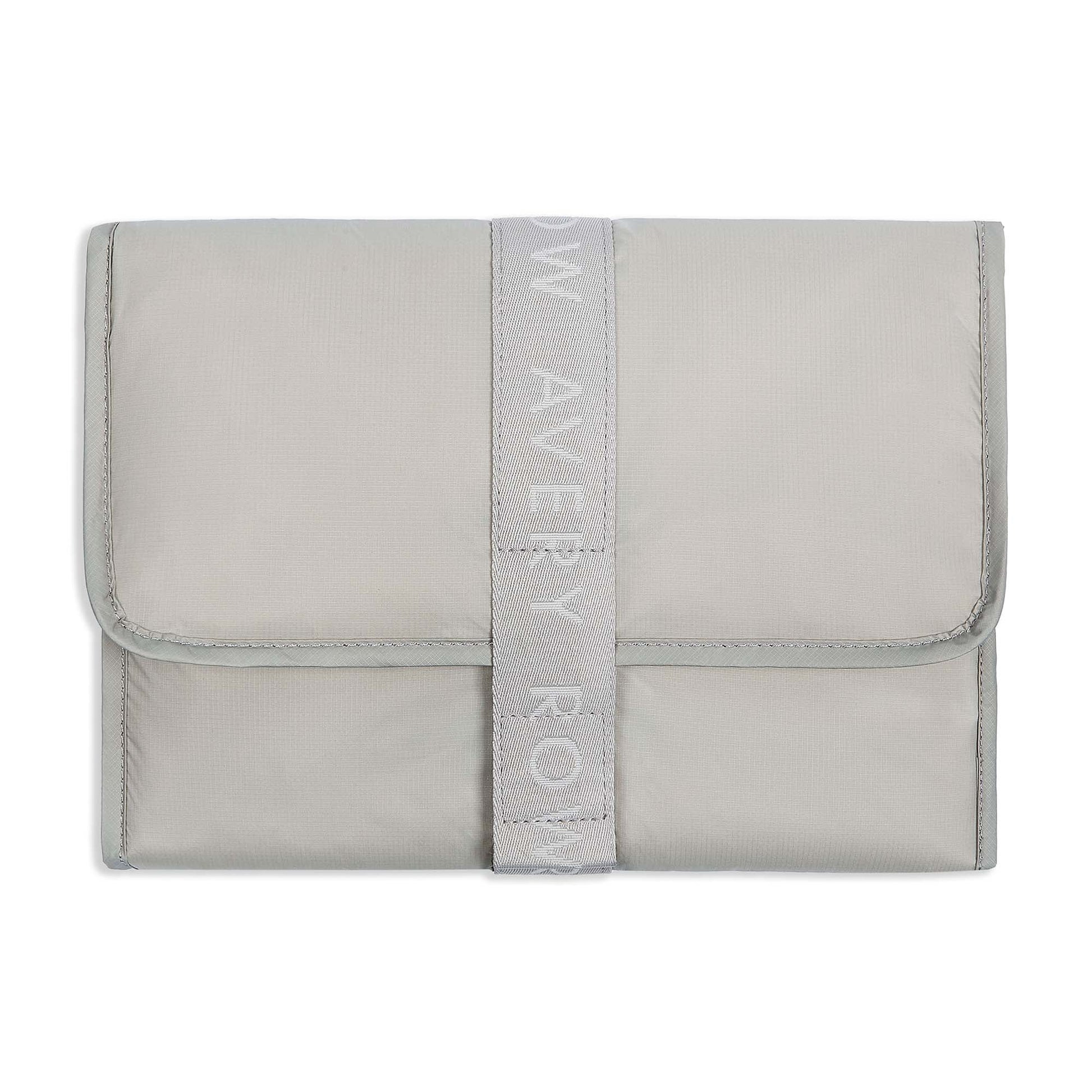 Gray pouch with a strap displaying 'Row Avey Row' on a white background