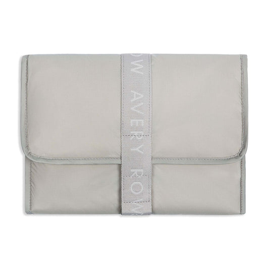 Gray pouch with a strap displaying 'Row Avey Row' on a white background