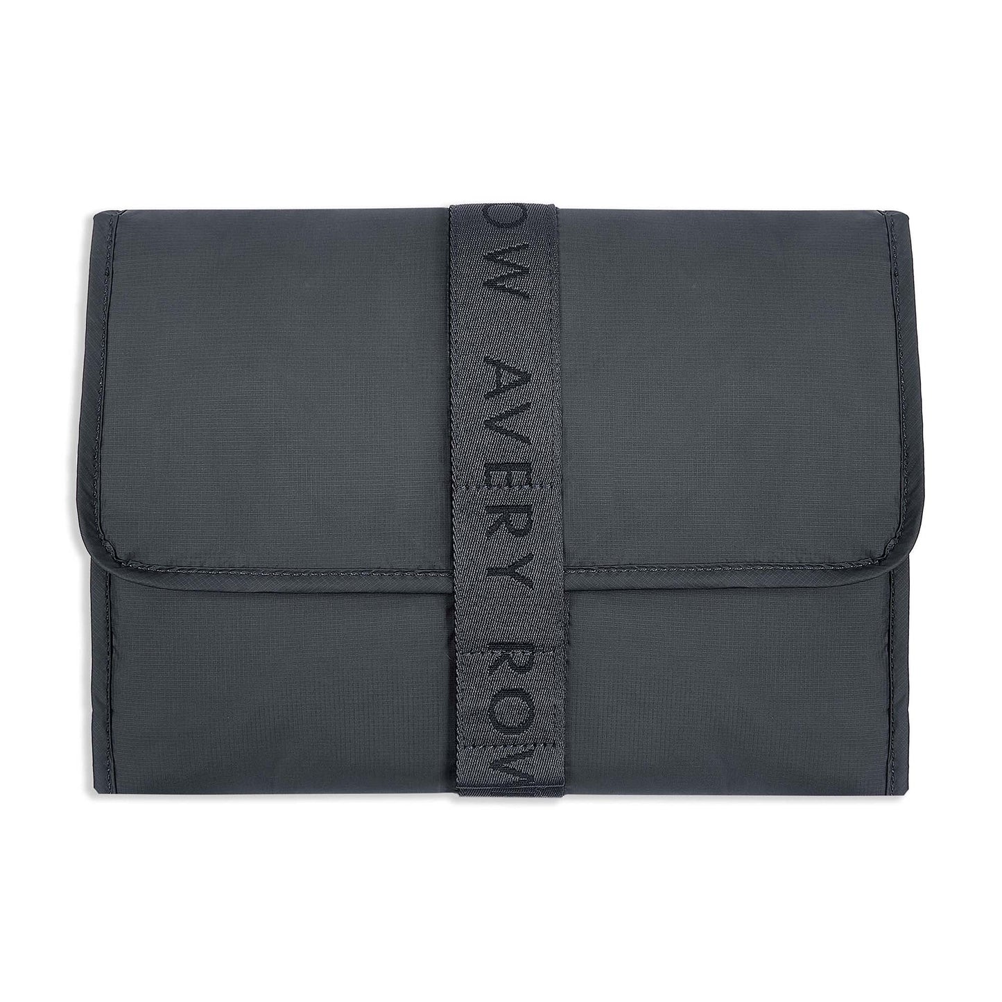 Black fabric pouch with a strap displaying 'Avery Row' on a white background