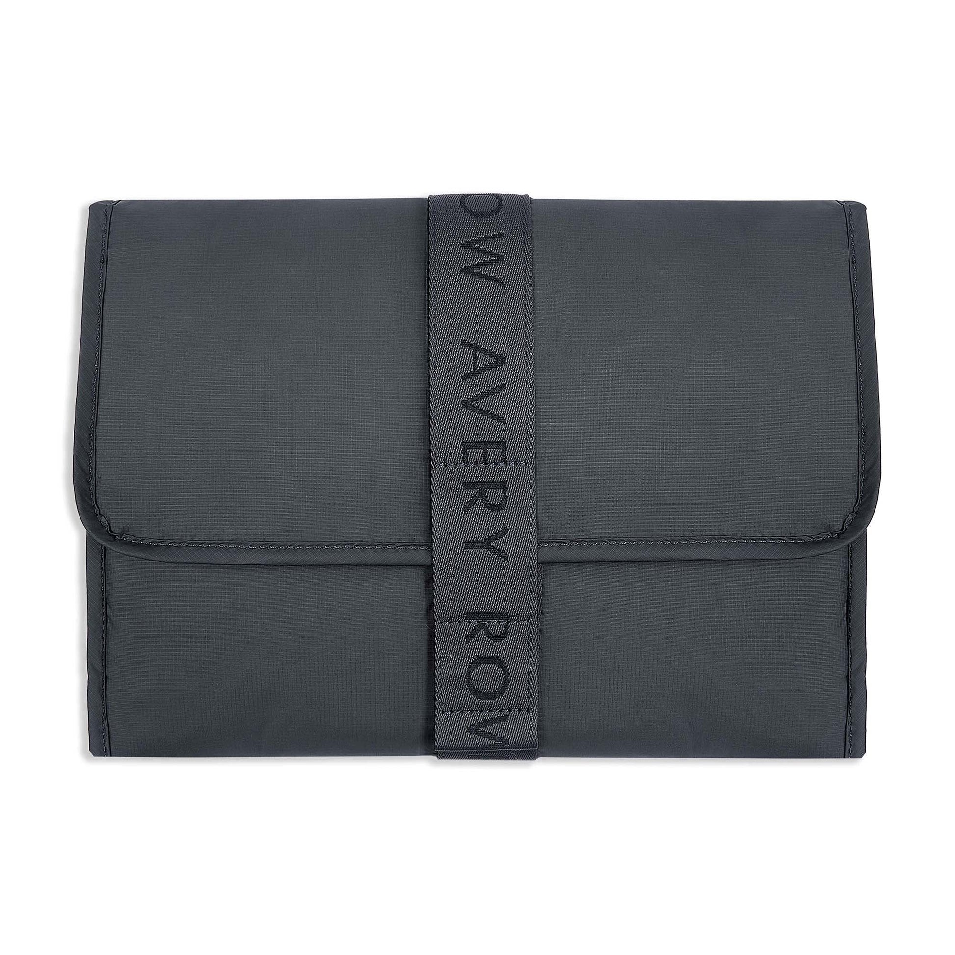Black fabric pouch with a strap displaying 'Avery Row' on a white background
