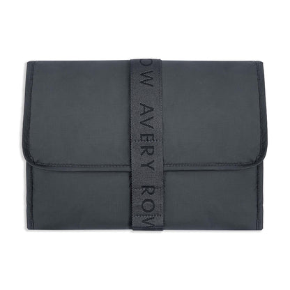 Black fabric pouch with a strap displaying 'Avery Row' on a white background