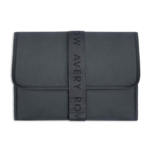 Black fabric pouch with a strap displaying 'Avery Row' on a white background