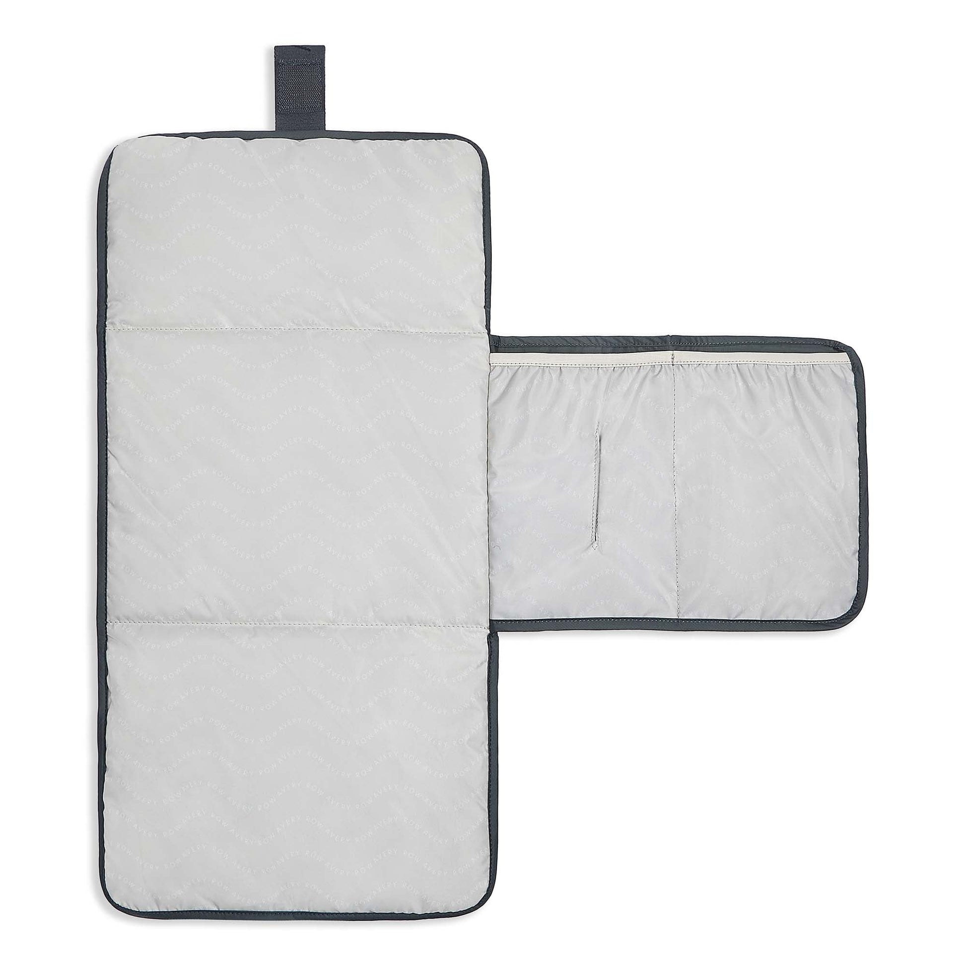 Gray quilted mat with a black border on a white background