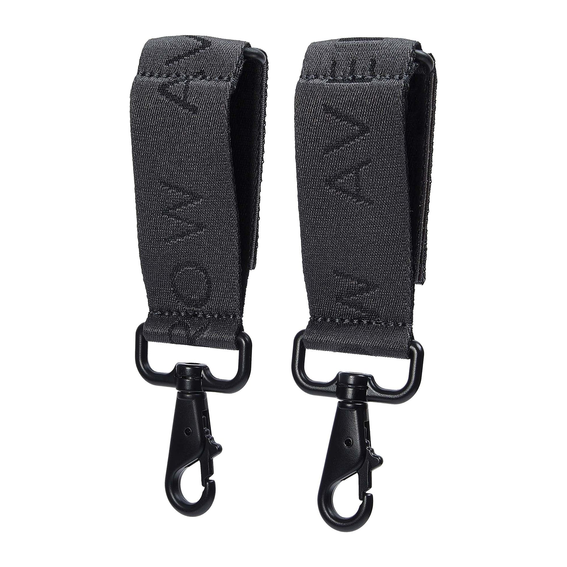 Two black straps with clip ends on a white background