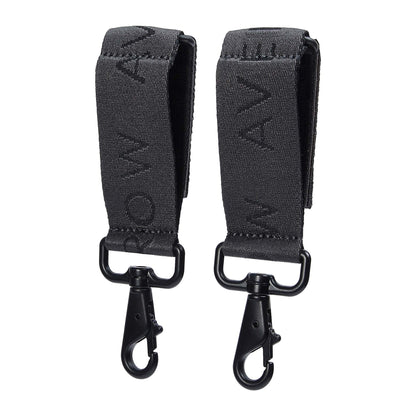 Two black straps with clip ends on a white background