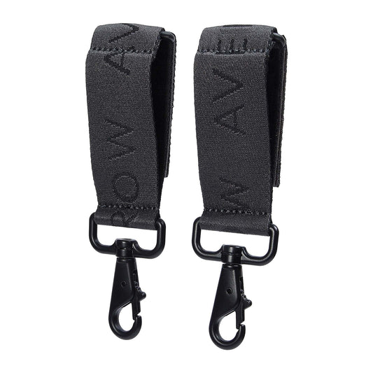 Two black straps with clip ends on a white background
