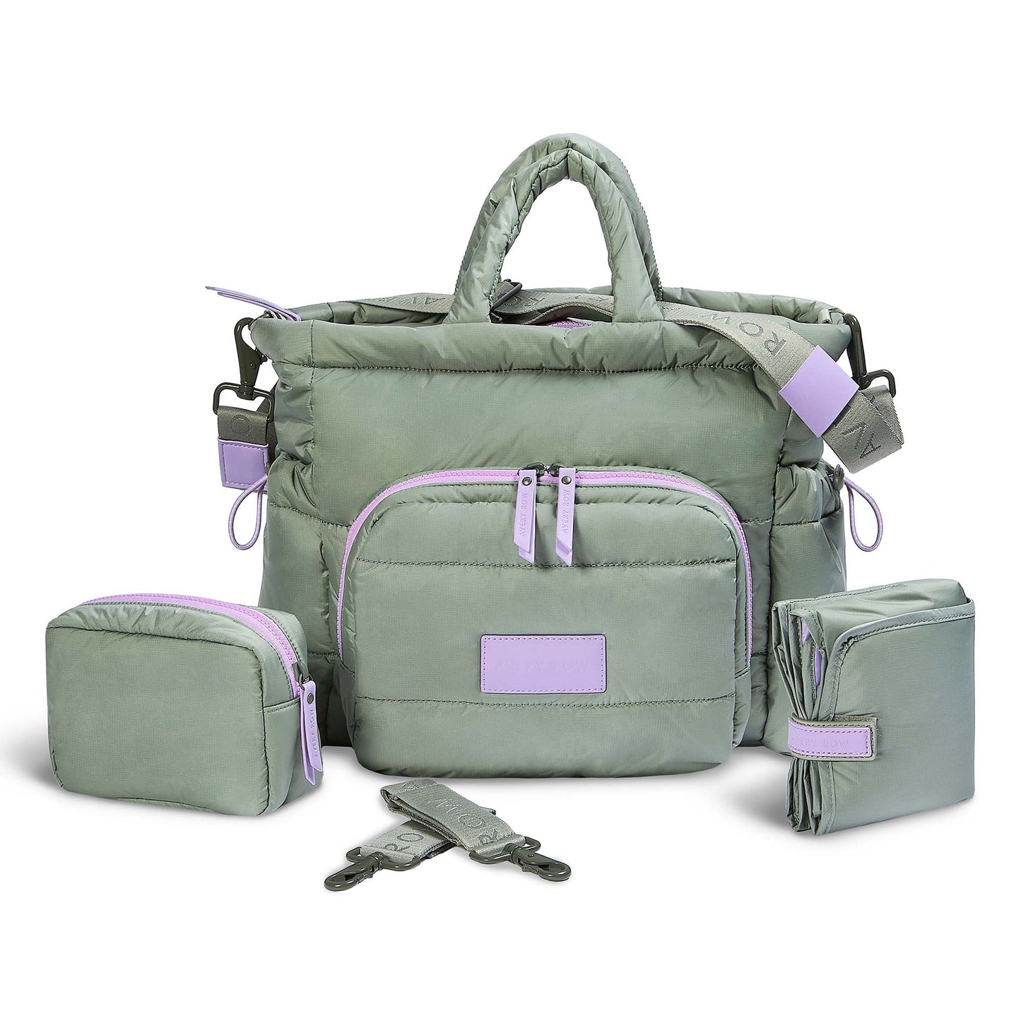 Green diaper bag with purple accents on a white background