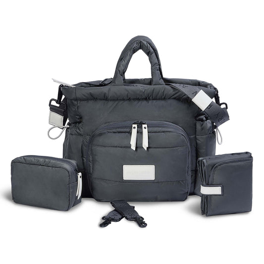 Gray diaper bag with additional pouches on a white background