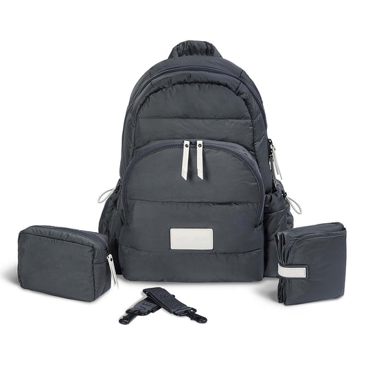 Gray backpack with accessories on a white background