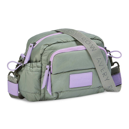 Green and purple bag with 'Rowley Avery' strap on a white background