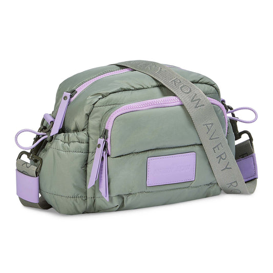 Green and purple bag with 'Rowley Avery' strap on a white background