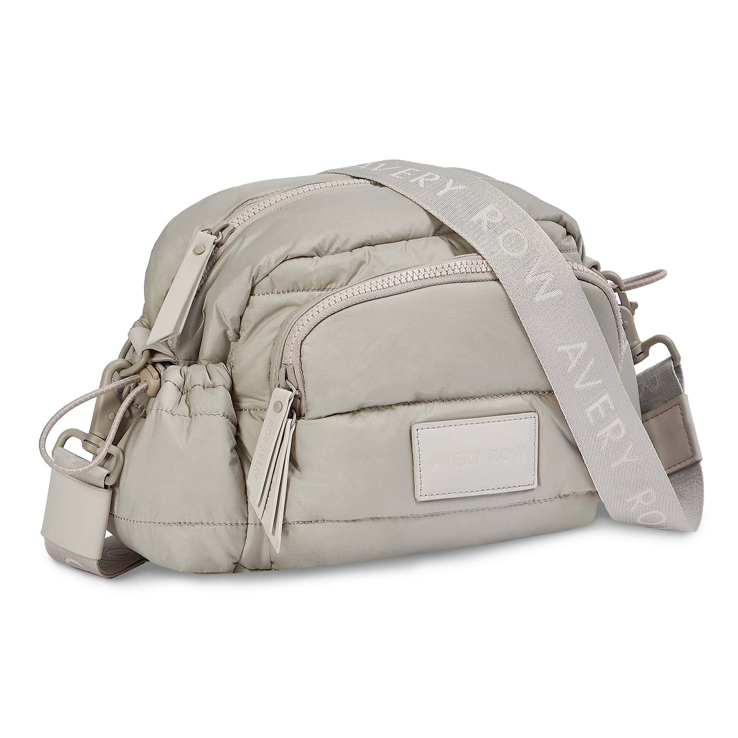 Light gray puffer bag with a visible brand name on a white background
