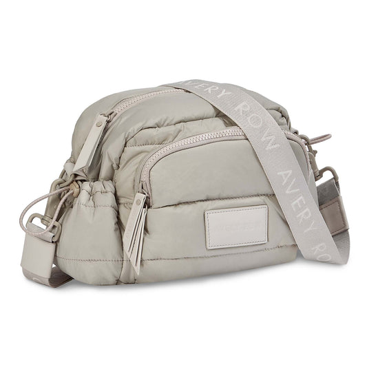 Light gray puffer bag with a visible brand name on a white background